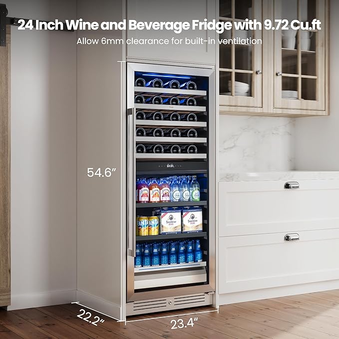 Yeego 24 Inch Wine Fridge – 34°F-65°F Wine and Beverage Cooler, 304 Stainless Steel Glass Door Lock, Temp Memory Blue & White LED Built-in Fridge with Adjustable Shelves (112 Can+40 Bottle)