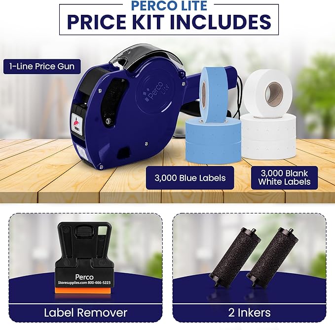 Perco Lite 1 Line Price Gun with Labels Kit - Includes 3 White Rolls, 3 Blue Rolls, 2 Ink Rollers - 1 Ink roll and Labels Pre-Loaded