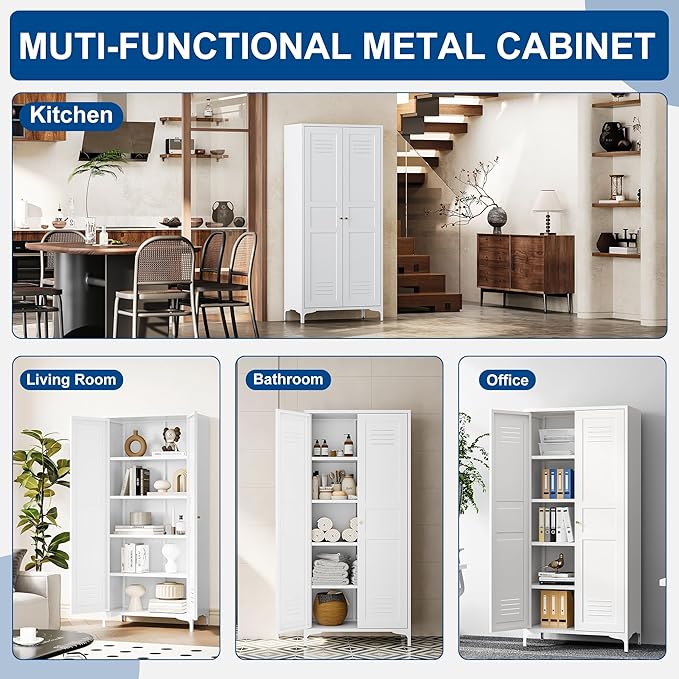 Metal Storage Cabinet-61” Tall Steel File Cabinets with Doors and 4 Adjustable Shelves-White Steel Storage Cabinet for Home,Kitchen, School, Office, Garage