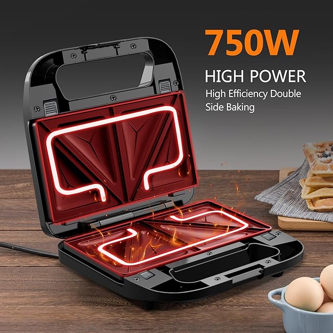3 in 1 Sandwich Maker & Waffle Maker, Removable Non-Stick Plates, Panini Press, Grilled Cheese Maker, Cool-Touch Handle, LED Light, Easy Clean, 750W, for Home Kitchen Breakfast