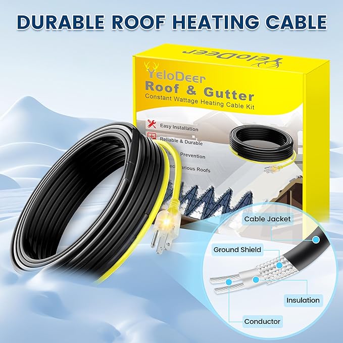 85 FT Heat Tape for Roof and Gutters, YeloDeer Gutter Heater Cable Heat Trace Cable for Snow De-Icing Ice Dam & Pipe Freeze Protection 7W/FT 120V