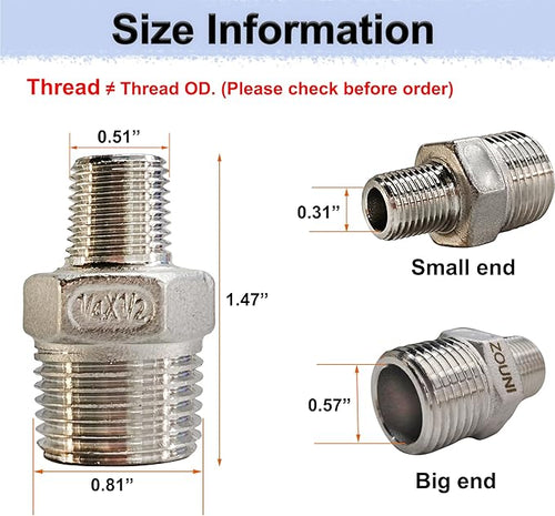1/2" x 1/4" Reducing Hex Nipple, 304 Stainless Steel NPT Male Pipe Fitting Reducer Nipple Adapter 2000psi Reducer Connector Suit for 0.71" and 0.46" Pipe ID (1/2"x 1/4"MNPT)