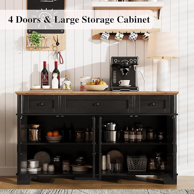 Farmhouse Buffet Cabinet with Storage, 55 Inch Black Sideboard Buffet Cabinet with Adjustable Shelves & 3 Drawers, Buffet Table Coffee Bar Wine Bar Storage for Kitchen & Living Room