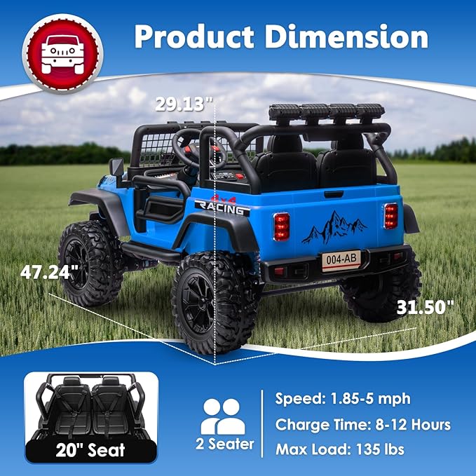 Sopbost 24V 7Ah 2 Seater Ride On Truck Ride On Toy for Big Kids Ride On Car with Remote Control Off-Road Electric Car with Shock Absorber, LED Lights, Bluetooth Music Player, EVA Tires, Blue