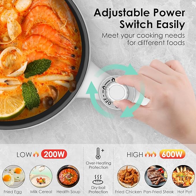 Audecook Hot Pot Electric, 1.7L Mini Electric Skillet Portable Nonstick Sauté Pan with Power Adjustment, Ramen Cooker Travel Multicooker for Steak/Soup/Egg/Oatmeal/Noodles (Tongs for Cooking Included)