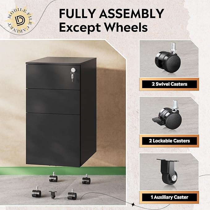 DEVAISE 3 Drawer File Cabinet with Lock, Under Desk Metal Filing Cabinets with Wheels for Home Office Fit Legal/Letter/A4 File, Assembled Except Casters,Black