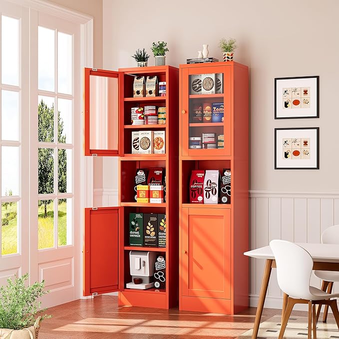 Metal Bathroom Storage Cabinet, Tall Narrow Cabinet with Glass Doors Ajustable Shelves Open Countertop, Slim Sideboard for Small Spaces, Living Room, Kicthen, Dining Room