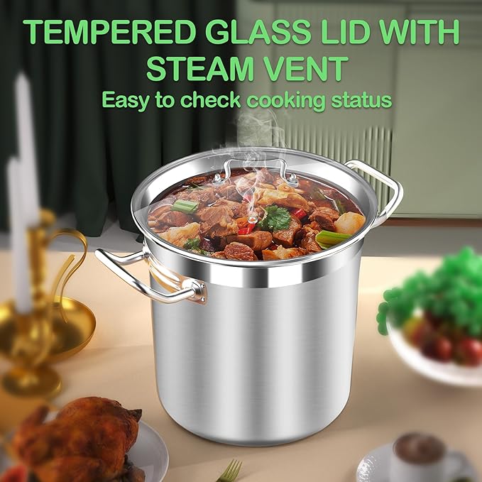 Stainless Steel 24 Quart Stockpot with Tempered Glass Lid, 3-Ply Base, 6 Gallon, Polished Finish, Suitable for Stovetop and Oven, Dishwasher Safe