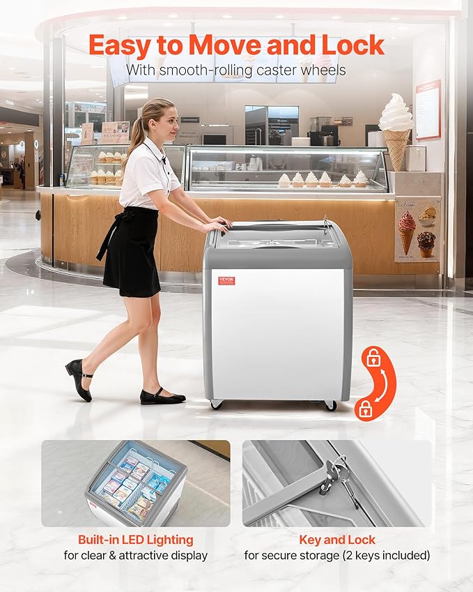 VEVOR Commercial Ice Cream Display Case, 5.4 Cu.ft Chest Freezer, -19 to 3℉ Temp Adjustable Mobile Top Deep Freezer with 2 Wire Baskets, 2 Sliding Glass Doors, Locking Casters & LED Strip Lighting