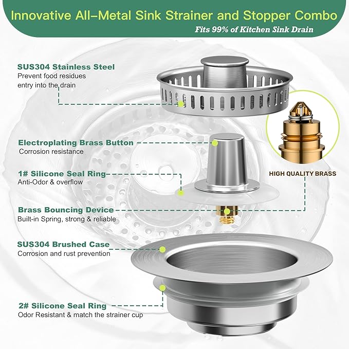 Sink Drain Strainer 3 in 1, 304 Stainless Steel Pop Up Sink Stopper, Anti-Clogging Sink Strainer, Kitchen Sink Strainer, Drain Cover and Kitchen Accessories for US Standard Sink(Silver)