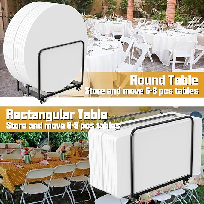 Folding Table Cart, Table Dolly with Swivel Caster Transport 6-8PCS Rectangular,Round Folding Tables 24In Width Panel Cart Have 3 Pole for Separating Area&Detachable Design Easy to Through Doorway