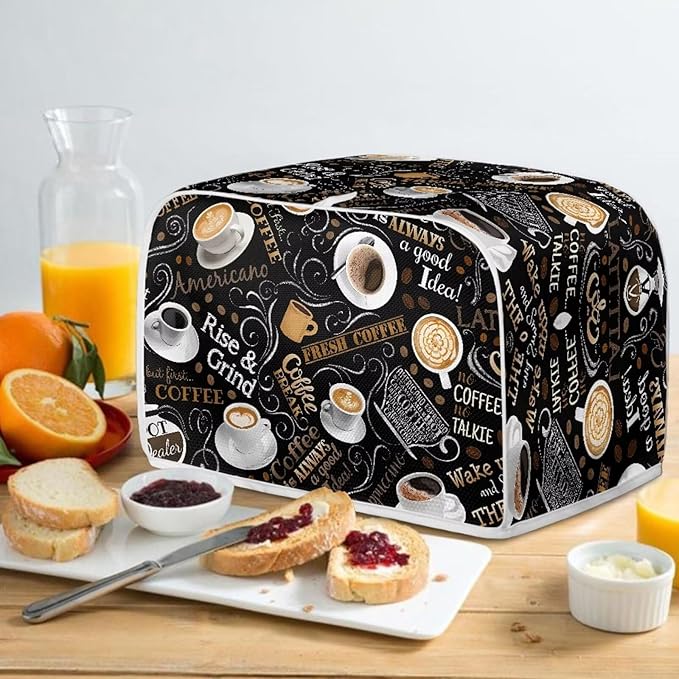 Cafe Coffee Print Toaster Cover 2 Slice Waterproof Appliance Cover with Handle Loop Kitchen Bread Baker Toaster Covers for Small Appliance