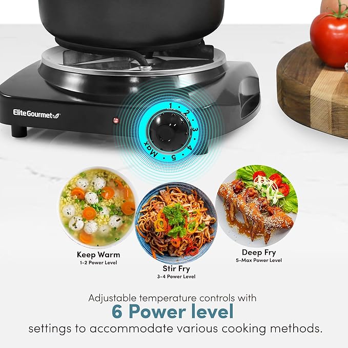 Elite Gourmet ESB301C Countertop Single Coiled Burner, 1100 Watts Electric Hot Plate, Temperature Controls, Power Indicator Lights, Easy to Clean, Black