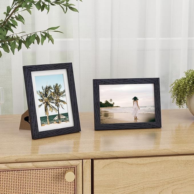 Fun Memories 5x7 Picture Frame in Black, Solid Oak Wood 5 x 7 Photo Frames for Wall & Tabletop Display, 5x7 Frame with Mat for 4x6, Rustic Wood Picture Frames with Plexiglass, 1 Pack