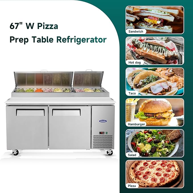 67" Commerical Pizza-Sandwich Prep Table Refrigerator - Double Door Stainless Steel Refrigerator, 21 Cu.ft Capacity, Low Noise, Adjustable Shelves, Auto Defrost, Digital Temp Control