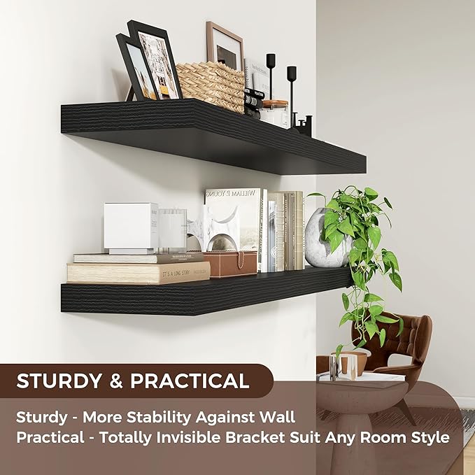 Floating Shelves for Wall 48"W x 9"D x 1.5"H, Long Engineered Wood Wall Shelves with Invisible Brackets for Living Room Bedroom Bathroom Office Kitchen Decor and Storage, Black Finish, Set of 2