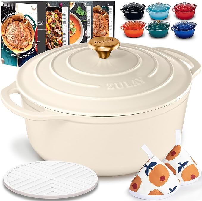 Zulay Kitchen 6 Quart Enameled Cast Iron Dutch Oven Pot with Lid – Premium Durability & Oven Safe up to 500°F – Heavy Duty Cookware Perfect for Bread Baking, Stews, Braising & Roasting – Ivory