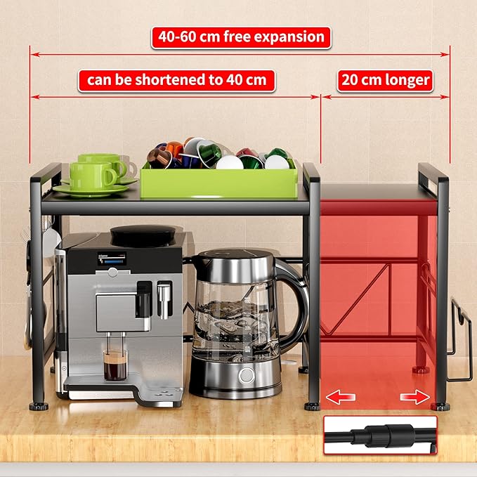 Extendable Microwave Oven Rack - Adjustable Kitchen counter shelf, 2 Tier Microwave Stand (L15.7~23.6" xW12.8 xH17.7) with 6 Hooks for Kitchen Countertop Organizer (Black)
