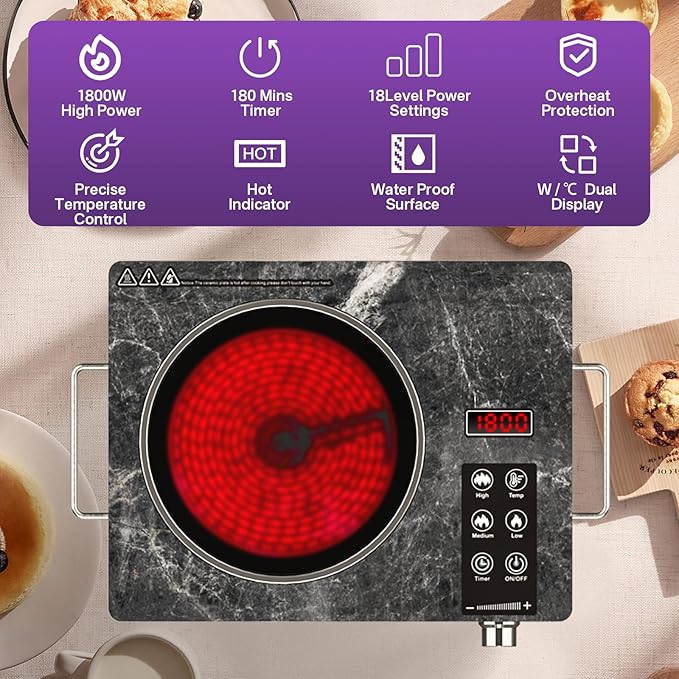 Portable Electric Stove 1800W, Single Burner Ceramic Hot Plate with Touch & Knob Control, Marble Glass Cooktop with Handles, Plug-in Infrared Cooktop for All Cookware