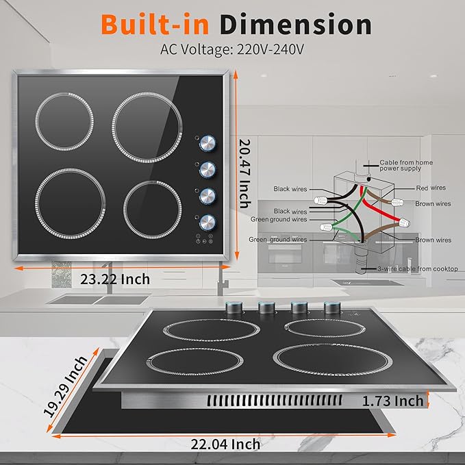 4 Burner Electric Cooktop, 24 Inch Electric Stove 6000W, 220V-240V Built-in Ceramic Stovetop with Knob Control, Child Lock, Timer Control, Residual Heat Indicator, Hard Wire(No Plug)