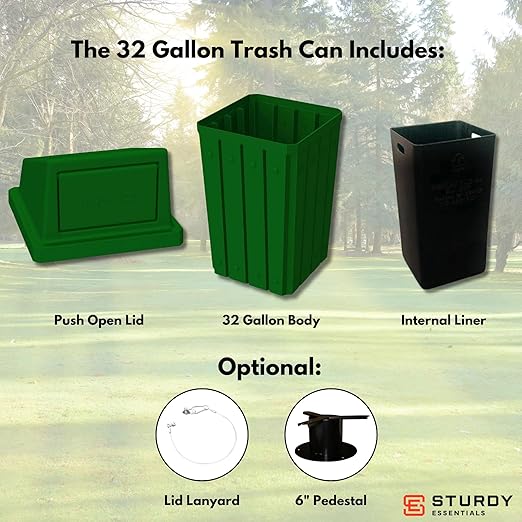 Campus Collection 32 Gallon Square Slatted 100% Recycled Plastic Heavy-Duty Commercial Outdoor or Indoor Trash Can with Push Top Lid | Great for Schools and Businesses - Green