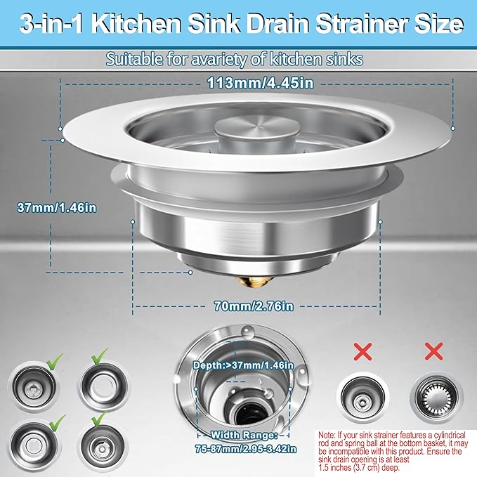 3-in-1 Kitchen Sink Drain Strainer & Stopper, Stainless Steel Food Catcher Plug with Filter Basket, Fits 3-1/2 Inch Drain Hole, Universal Sink Protector Cover, Anti-Clogging, Silver - 2Pack