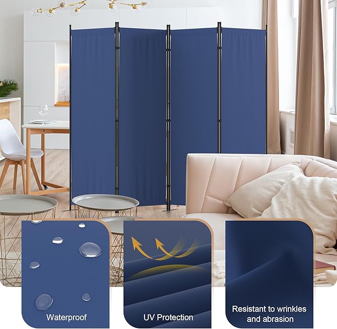 Room Partitions and Dividers 4 Panel Portable Wall w/ 3 Wider Feet Folding Room Divider 6FT Privacy Wall Indoor as Dressing Screen for Apartment School Office Children's Separate Rooms,Blue