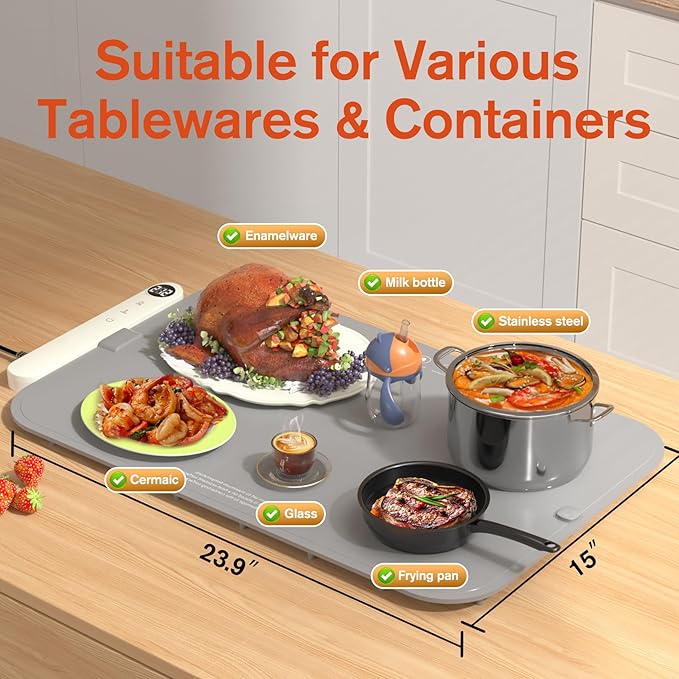 Food Warming Mat, Electric Buffet Warmer with 6 Temp & 6H Timer, Rapid Even Heating for Plates & Entrees, Roll-Up Heat Insulating Pad Protects Countertops, for Parties, Holiday Gatherings