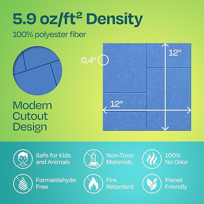 Acoustic Panels 12-Pack Soundproof Wall Panels 12"x12"x0.4" Decorative Sound Dampening for Your Home, Office, Studio, Bedroom & More with Unique GridFrame Carving [Grand Blue]