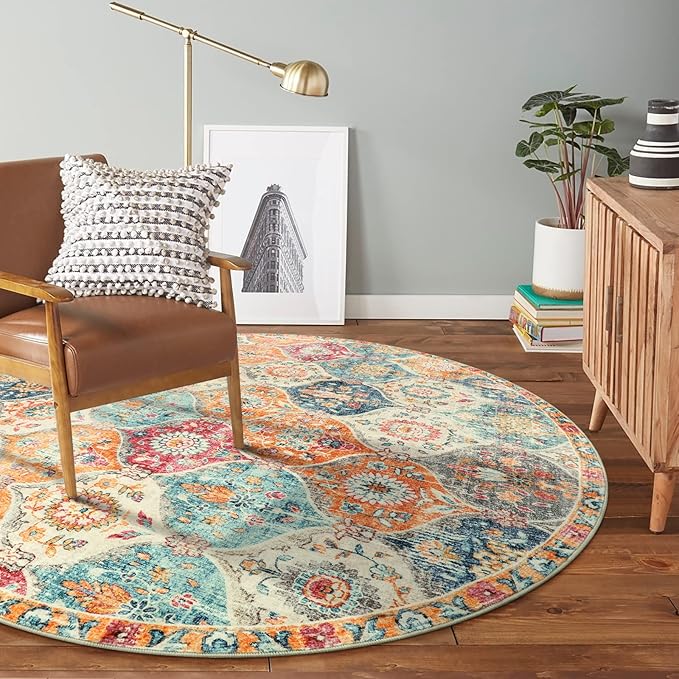 Lahome Moroccan Trellis Washable Round Area Rug, Round Rug 5ft Soft Non-Slip, Non-Shedding Distressed Circle Carpet for Bedroom Living Room Bathroom Nursery Kitchen, Cream/Multi