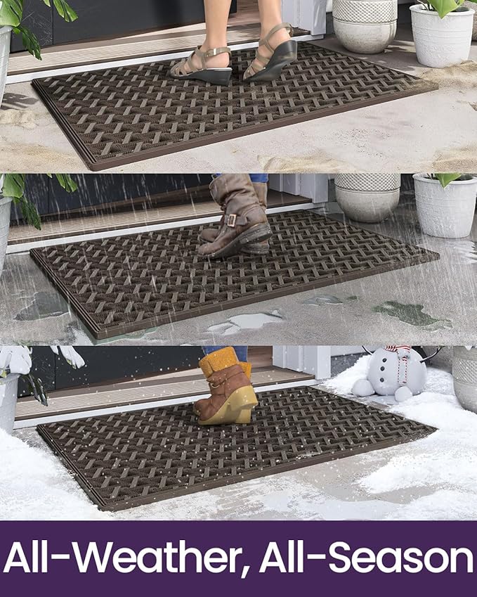 DEXI Front Door Mat Outside Entrance Rubber 32x48, Welcome Floor Doormat Heavy Duty Non Slip, Dirt Trapper Waterproof Exterior Entry Mats All Weather for Patio Entryway Drainage, Brown