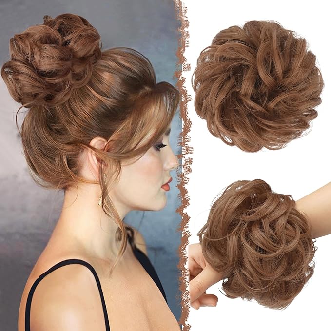 FESHFEN Large Messy Bun Hair Piece - Wavy Synthetic Chignon Scrunchies Elastic Ponytail Hair Extensions Thick Hairpieces for Women, Copper Brown 1.94oz