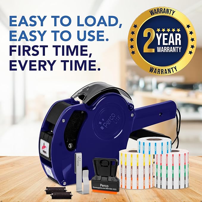 Perco Lite 1 Line Date Gun with Day of Week Labels Kit - Includes Perco Lite Date-Marking Gun, 1 Sleeve (7 Rolls) of Day of Week Labels (Full Week), 1 Scraper, 2 Ink Rollers (1 Preloaded) & 1 Gun Clip