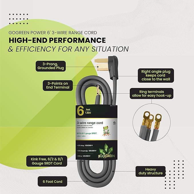 GoGreen Power GG-27006 6' 3 Wire Range Cord, 50 Amp