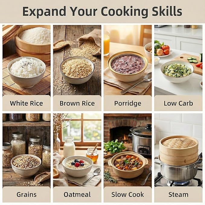 OCTAVO Low Carb Rice Cooker, 5-Cup Uncooked Stainless Steel Inner Pot, Low Sugar Rice Maker with 24H Timer and Auto Keep Warm, Small Rice Maker LED Display, White Rice/Brown Rice/Grains/Oatmeal