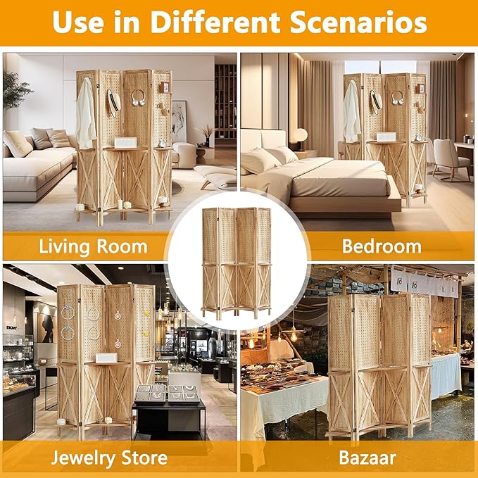 4 Panel Pegboard Display with 16 Hooks, Wooden Pegboard Room Divider Wall with Shelf, Partition Room Dividers and Folding Privacy Screens, Bedroom, Jewelry Store, Natural