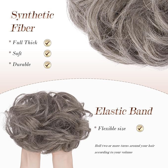 FESHFEN Large Messy Bun Hair Piece - Wavy Synthetic Chignon Scrunchies Elastic Ponytail Hair Extensions Thick Hairpieces for Women, Salt and Pepper 1.94oz