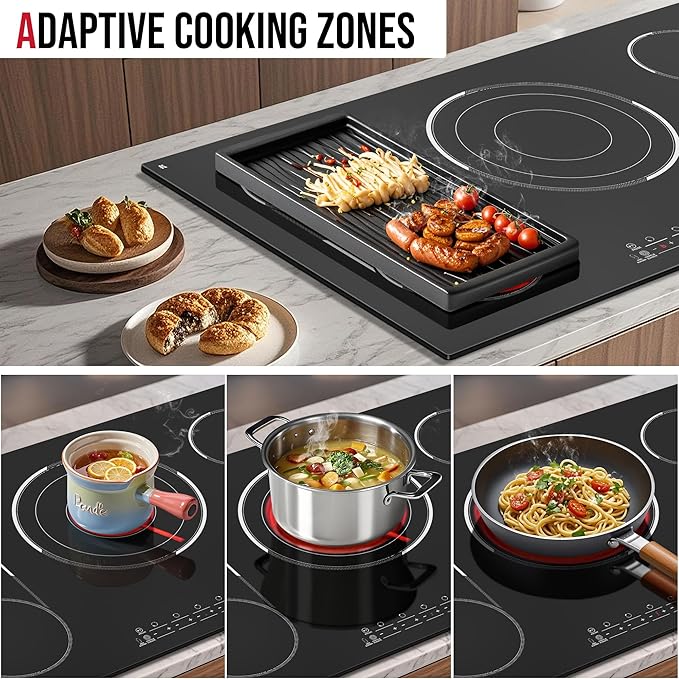 5 Burner Electric Cooktop, 36 Inch Electric Stovetop 9600W, Built-in Ceramic Hob with BBQ Burner, Touch Control, Child Safety Lock, Timer, Pause, 220-240V, Hard Wire, No Plug