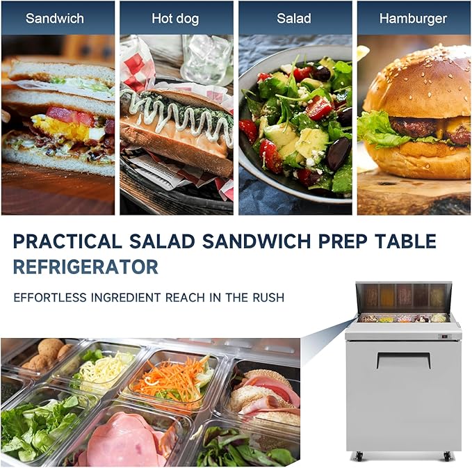 29"W Commercial Sandwich Prep Table Refrigerator - Stainless Steel Door with 8 Pans, 8 Cu.Ft Capacity, Auto Defrost, Digital Temperature Control for Restaurants, Delis, Catering & Convenience Stores