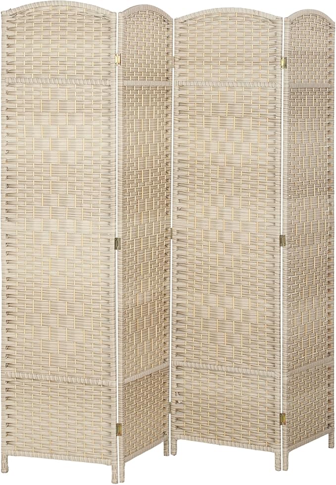 HOMCOM 4 Panel Room Divider, 6' Tall Folding Privacy Screen, Woven Freestanding Wall Partition for Home Office, Bedroom, Washed Oak