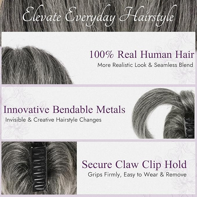 BARSDAR Claw Clip Short Human Hair Ponytail Extension - DIY Styles 8 Inch Real Human Hair Gray Messy Bun Hairpieces for Women - Thick Natural Short Ponytail with Bendable Metals Daily Wear
