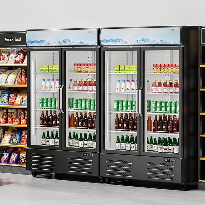 VEVOR Commercial Merchandiser Refrigerator, 36.27 CU.FT Upright Beverage Cooler, 2 Glass Door Display Refrigerator with 8 Adjustable Shelves, Soft LED Light, Customizable Lightbox, Casters, Black