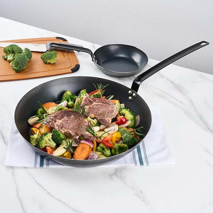 Restaurantware-Met Lux 16 Inch Fry Pans, 6 Lightweight Frying Pans - Induction-Ready, Triple-Riveted, Black Carbon Steel Cooking Skillets, Durable, For Searing, Sauteing, And Browning Food
