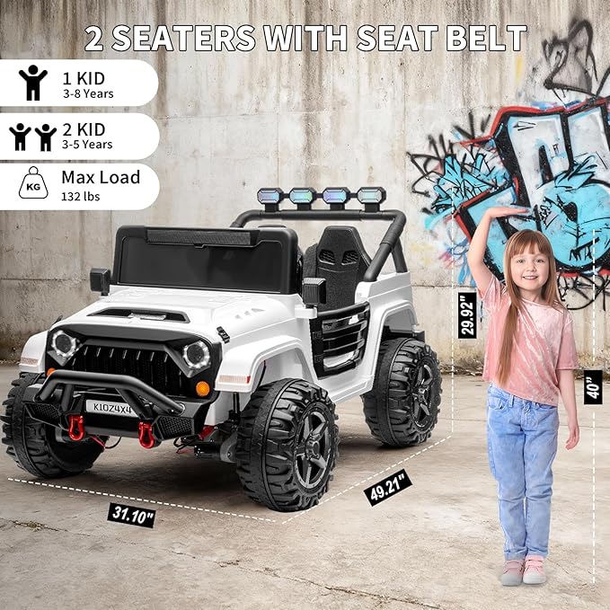Kids 24V 2-Seater Electric Ride On Car, 4x4 Ride On Truck w/Remote Control, 4-Wheeler Suspension, 3 Speeds, Led Lights, Bluetooth, Ride on Car Toy for Kids Ages 3-8, White