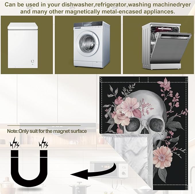 Skull Dishwasher Magnets Decorative Cover,Flowers Magnet Fridge Panel Decal for Home Kitchen Decor,23x26 in