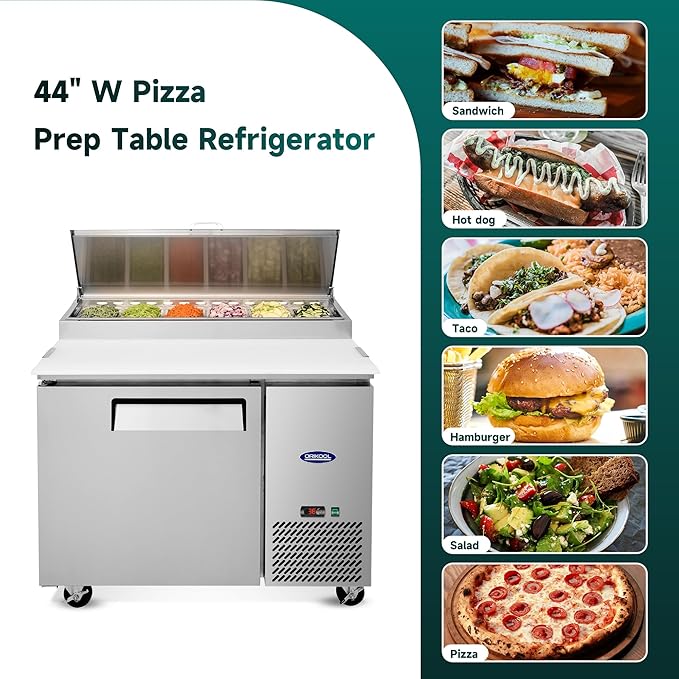 44" Commerical Pizza-Sandwich Prep Table Refrigerator - One Door Stainless Steel Refrigerator, 11 Cu.ft Capacity, Low Noise, Adjustable Shelves, Auto Defrost, Digital Temp Control