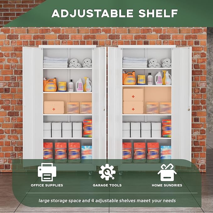 Greenvelly Metal Storage Cabinet with Wheels, 73" H Lockable Rolling Storage Cabinets with Doors and 4 Adjustable Shelves, Large Steel Cabinet for Garage, Office, Home, School (White)