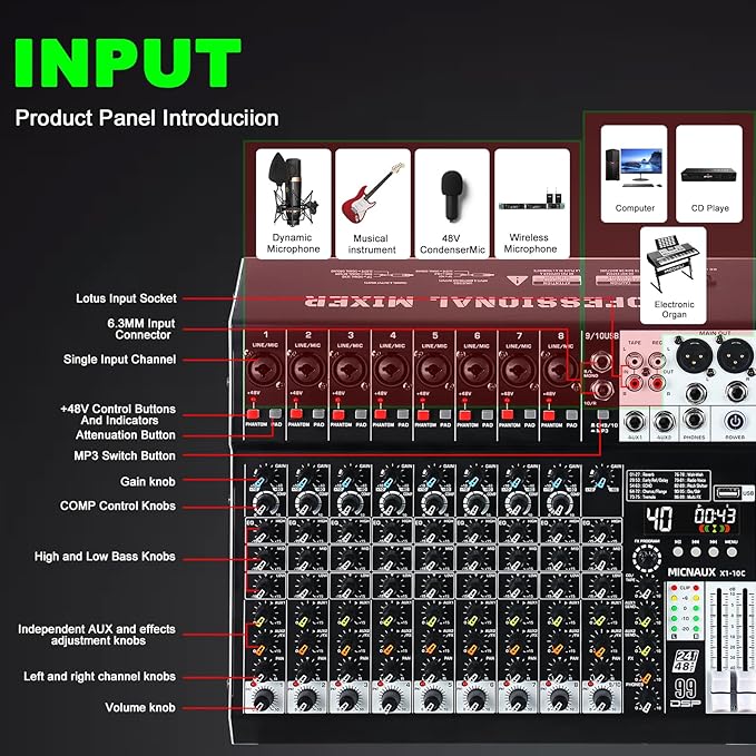 Audio Mixer 10 Channel Professional Sound Mixer Console with 99 DSP Effects, Mixing Board DJ Mixer w/USB, Bluetooth, 48V Power Supply, PAD Button for Recording Karaoke PA Drum Live Music