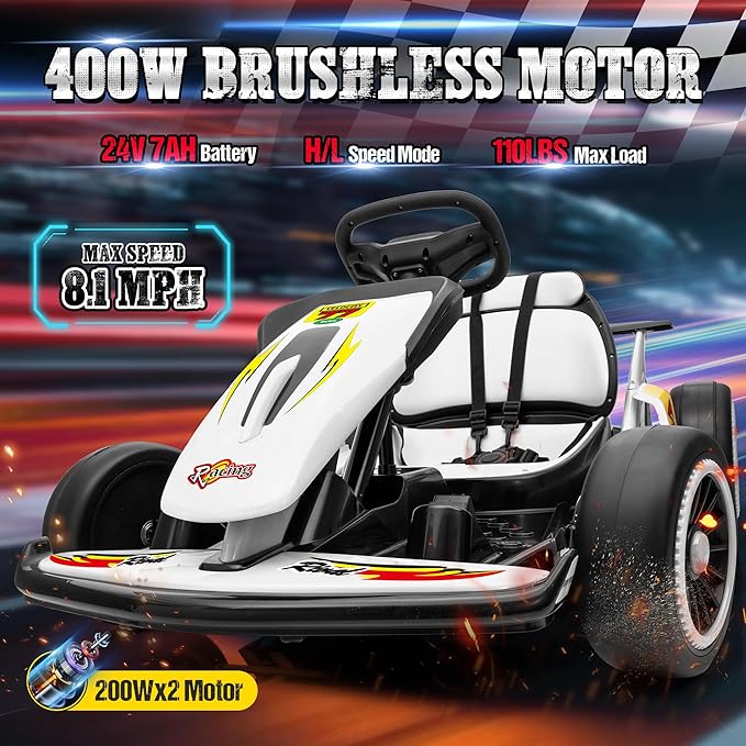 24V Electric Go Kart for Kids, Drift Kart with 400W Motors, EVA Tires, Max Speed 8.1 MPH, Music, Wireless, Electric Drifting Cart Outdoor Ride on Toy for Kids Ages 6+ (White)