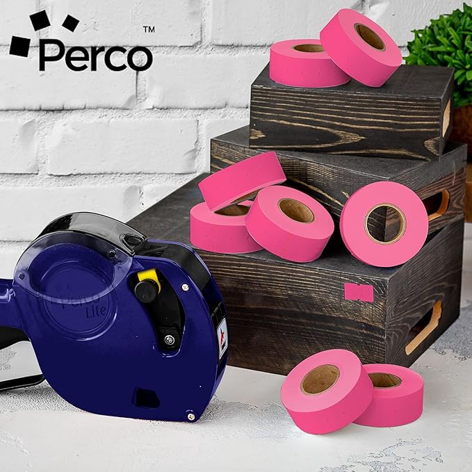 Perco 1 Line Fluorescent Pink Labels - 8 Rolls, 1 Sleeve, 8,000 Blank Price and Date Gun Labels for Perco Lite, X, Plus and Pro 1 Line Price and Date Guns - Made in USA